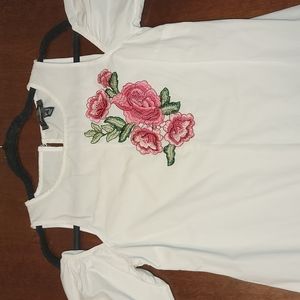 Cold Shoulder White Dress with Pink Floral Embroidery Size 6
